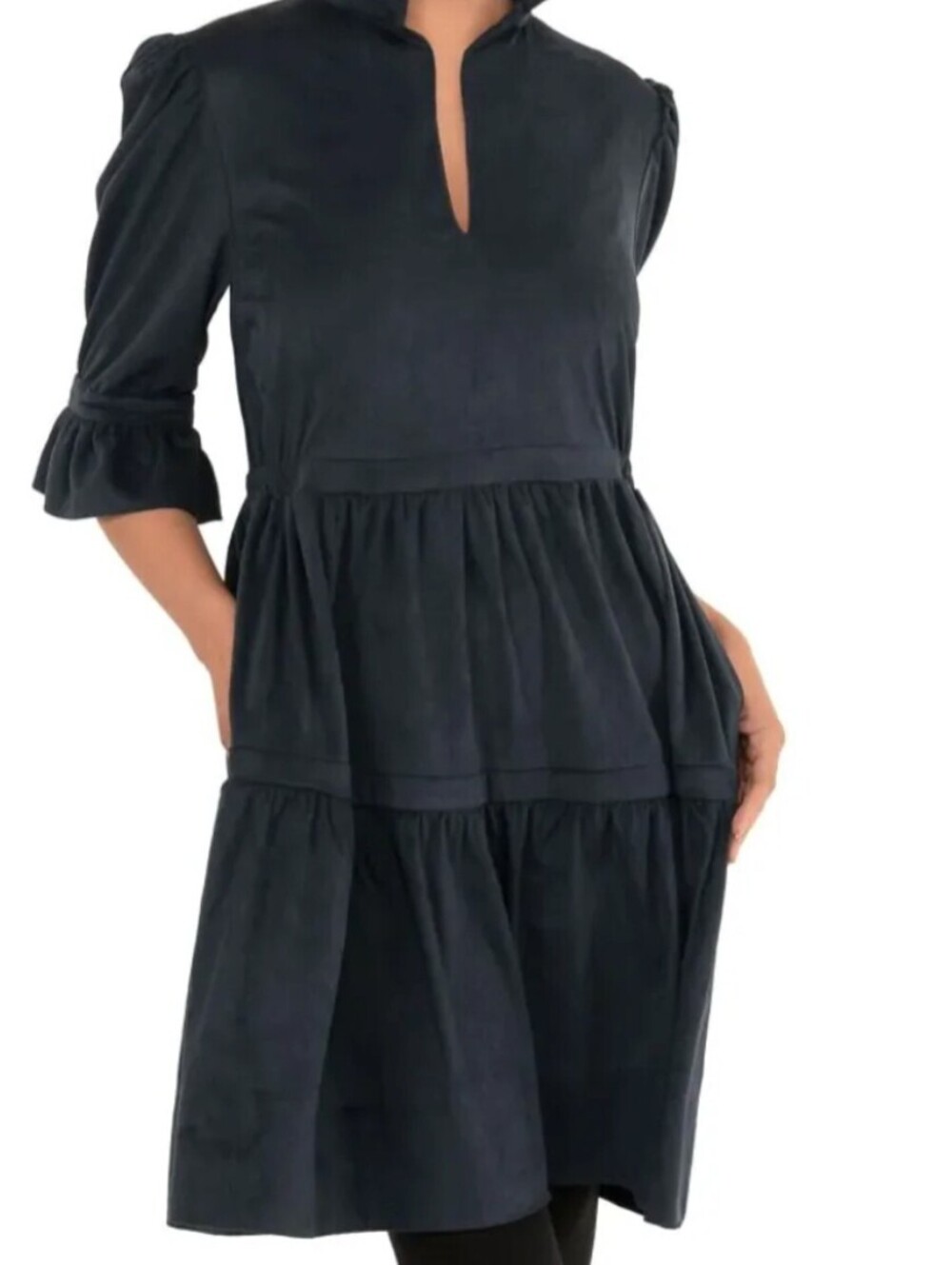 Gretchen Scott Designs Navy Tiered V-Notch Midi Dress